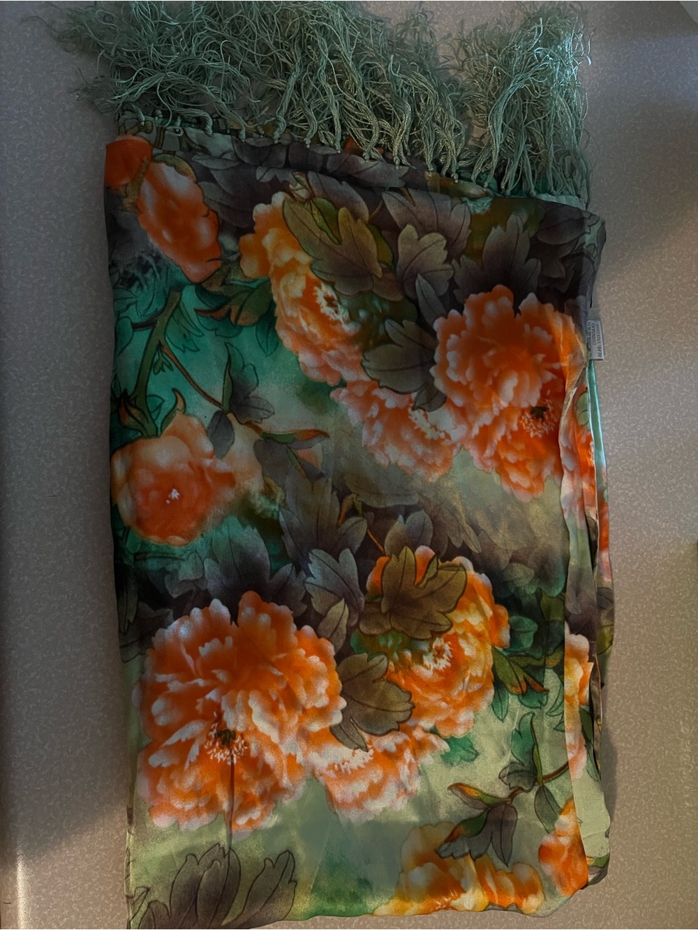 100% Silk Floral Orange & Green Scarf with Fringe
